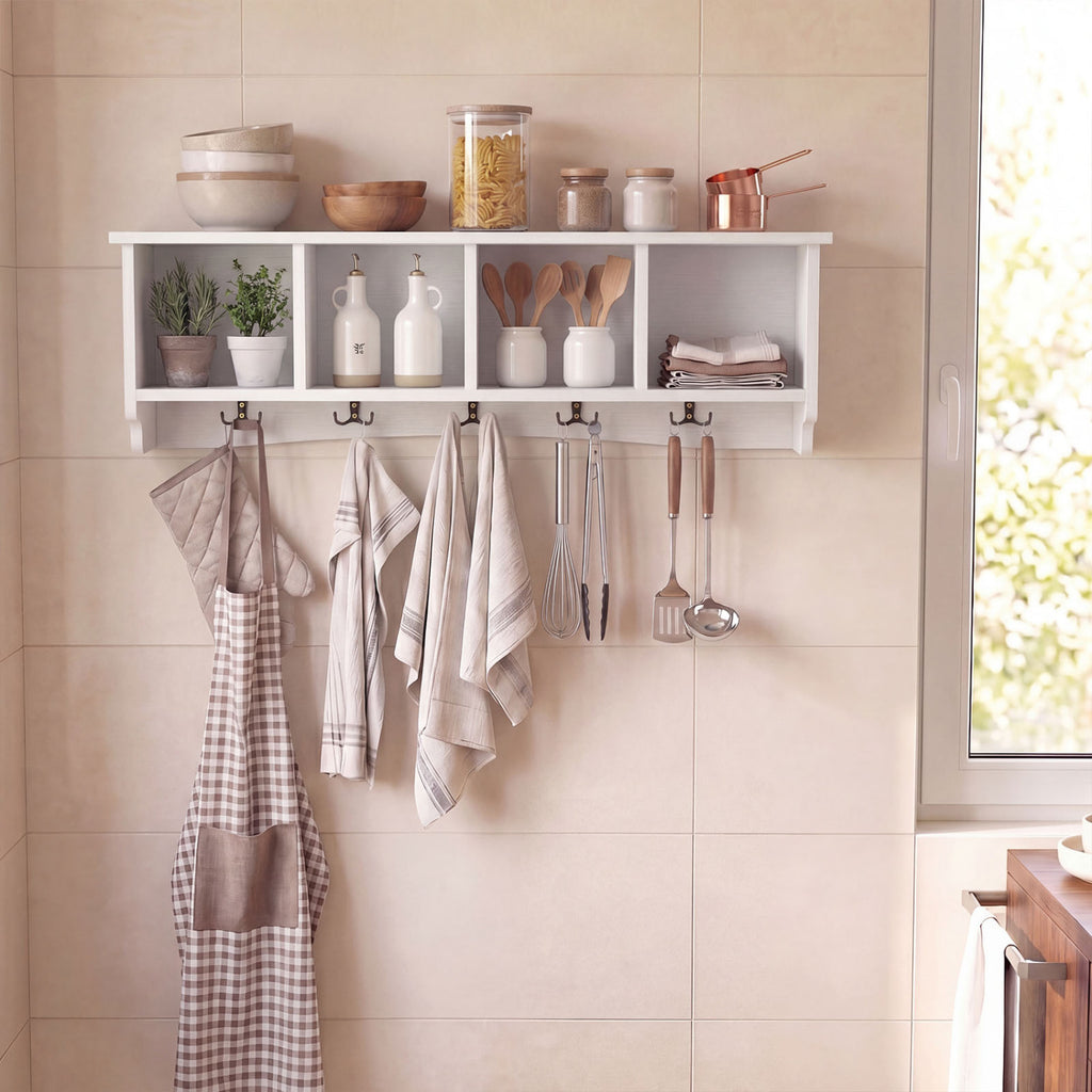 Wall-Mounted Coat Rack with 4 Cubbies and 5 Double Hooks and Wooden Shelf-White