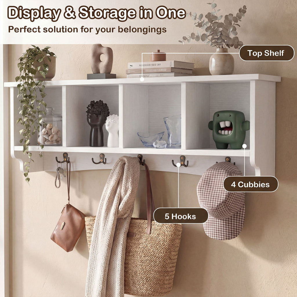 Wall-Mounted Coat Rack with 4 Cubbies and 5 Double Hooks and Wooden Shelf-White