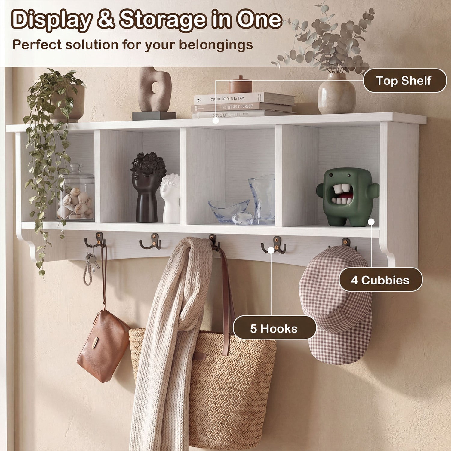 Wall-Mounted Coat Rack with 4 Cubbies and 5 Double Hooks and Wooden Shelf-White