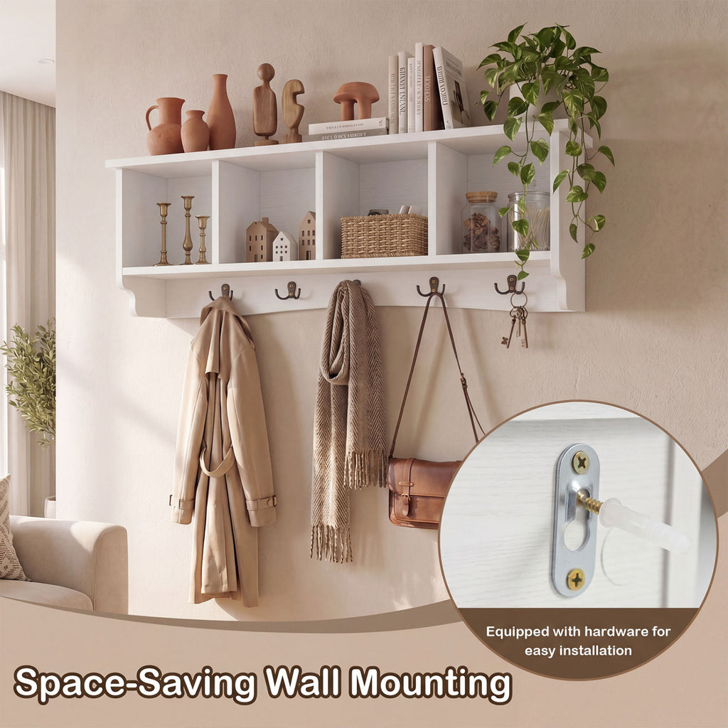 Wall-Mounted Coat Rack with 4 Cubbies and 5 Double Hooks and Wooden Shelf-White