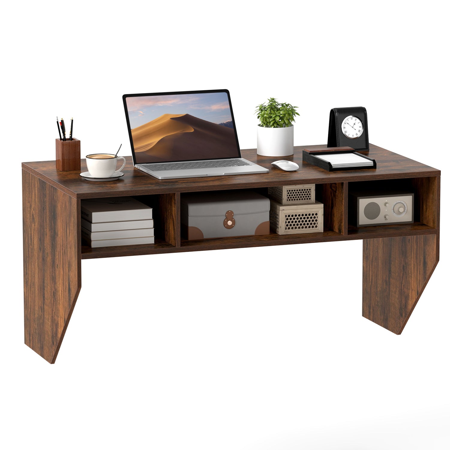 Wall-Mounted Computer Desk Floating Laptop Desk with 3 Storage Compartments-Rustic Brown