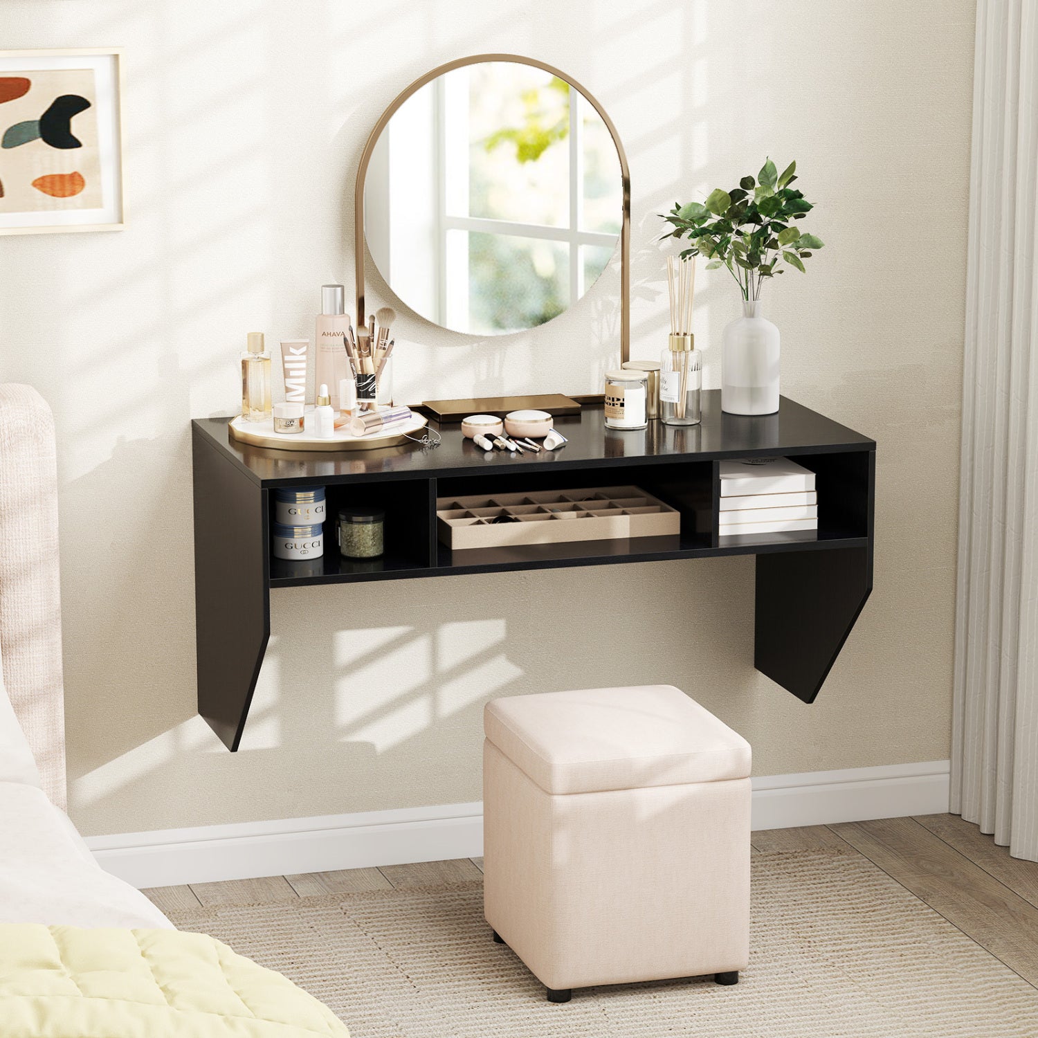 Wall-Mounted Computer Desk Floating Laptop Desk with 3 Storage Compartments-Black