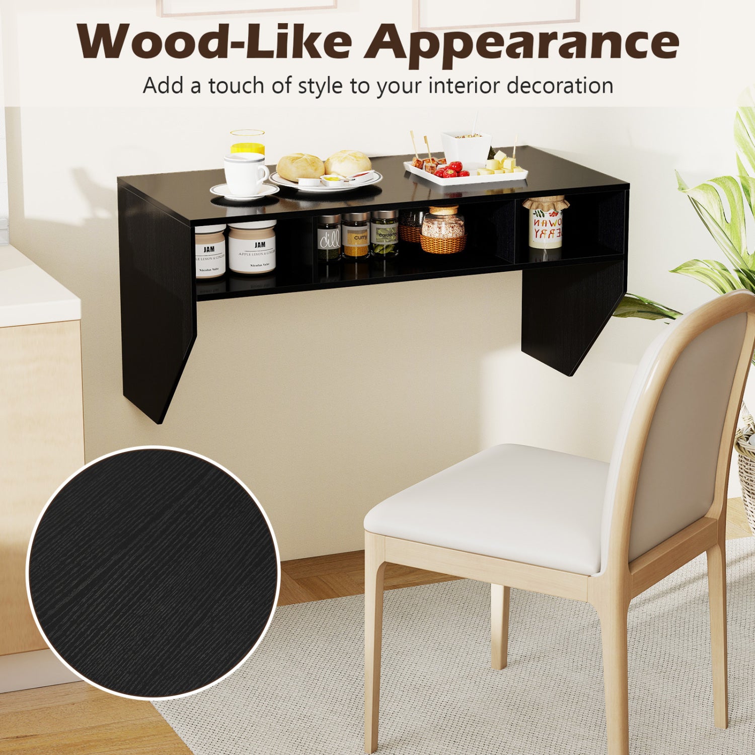 Wall-Mounted Computer Desk Floating Laptop Desk with 3 Storage Compartments-Black