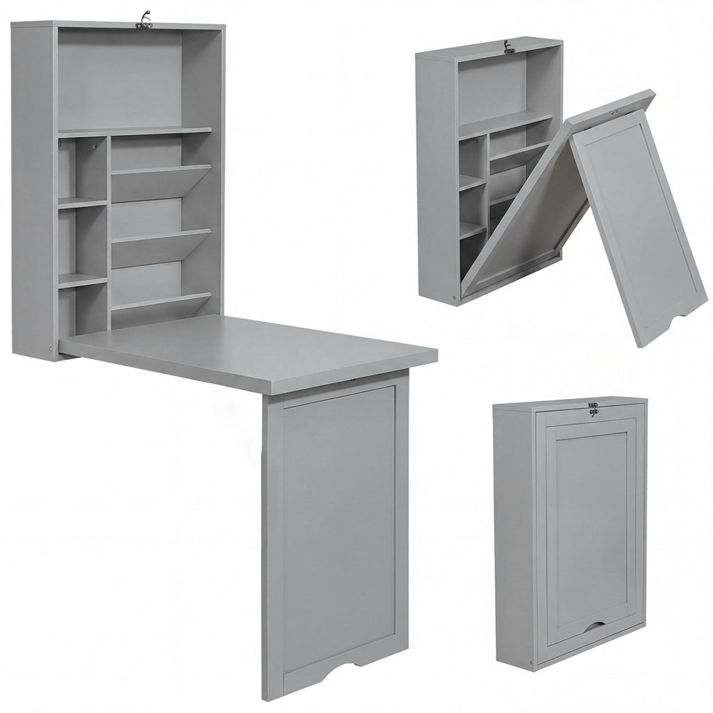Wall-Mounted Fold-Out Convertible Floating Desk Space Saver-Gray
