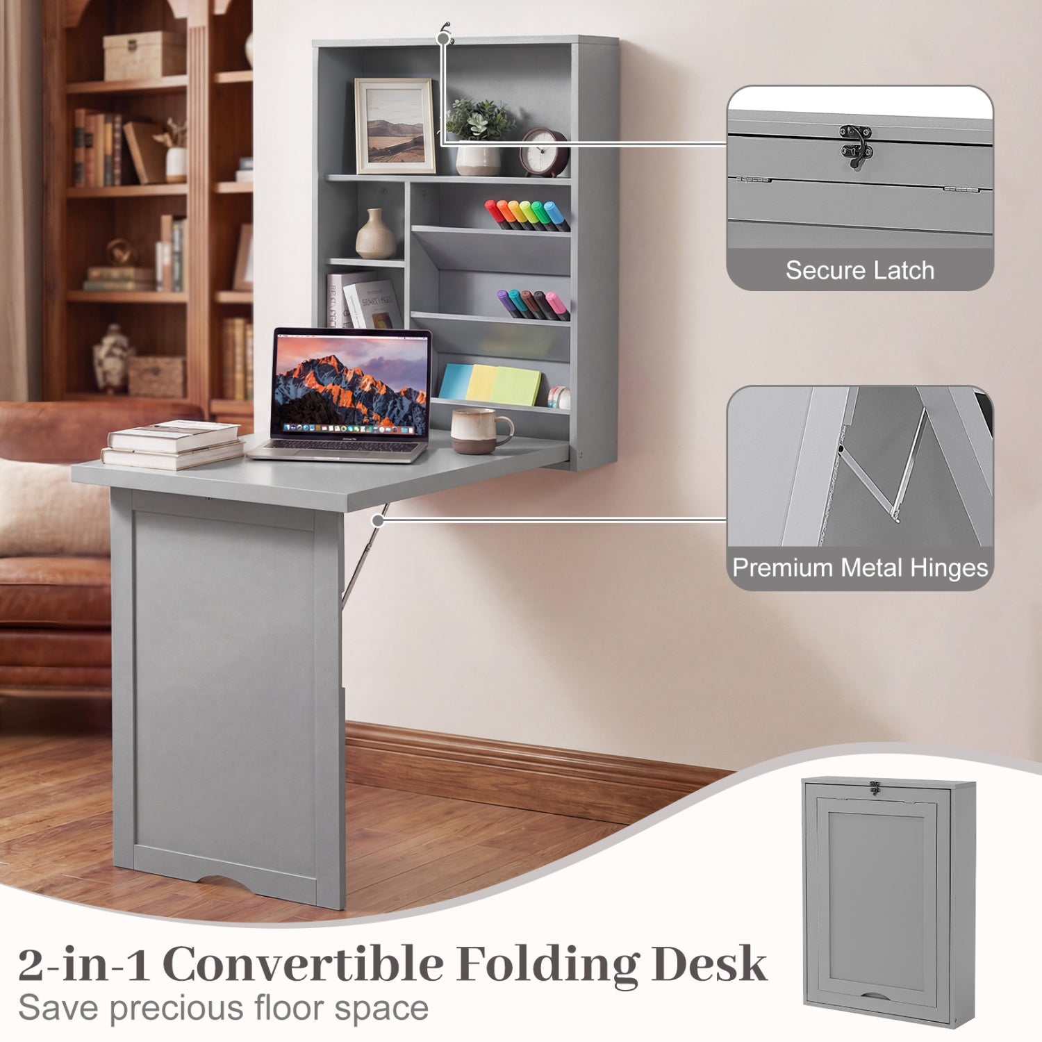 Wall-Mounted Fold-Out Convertible Floating Desk Space Saver-Gray