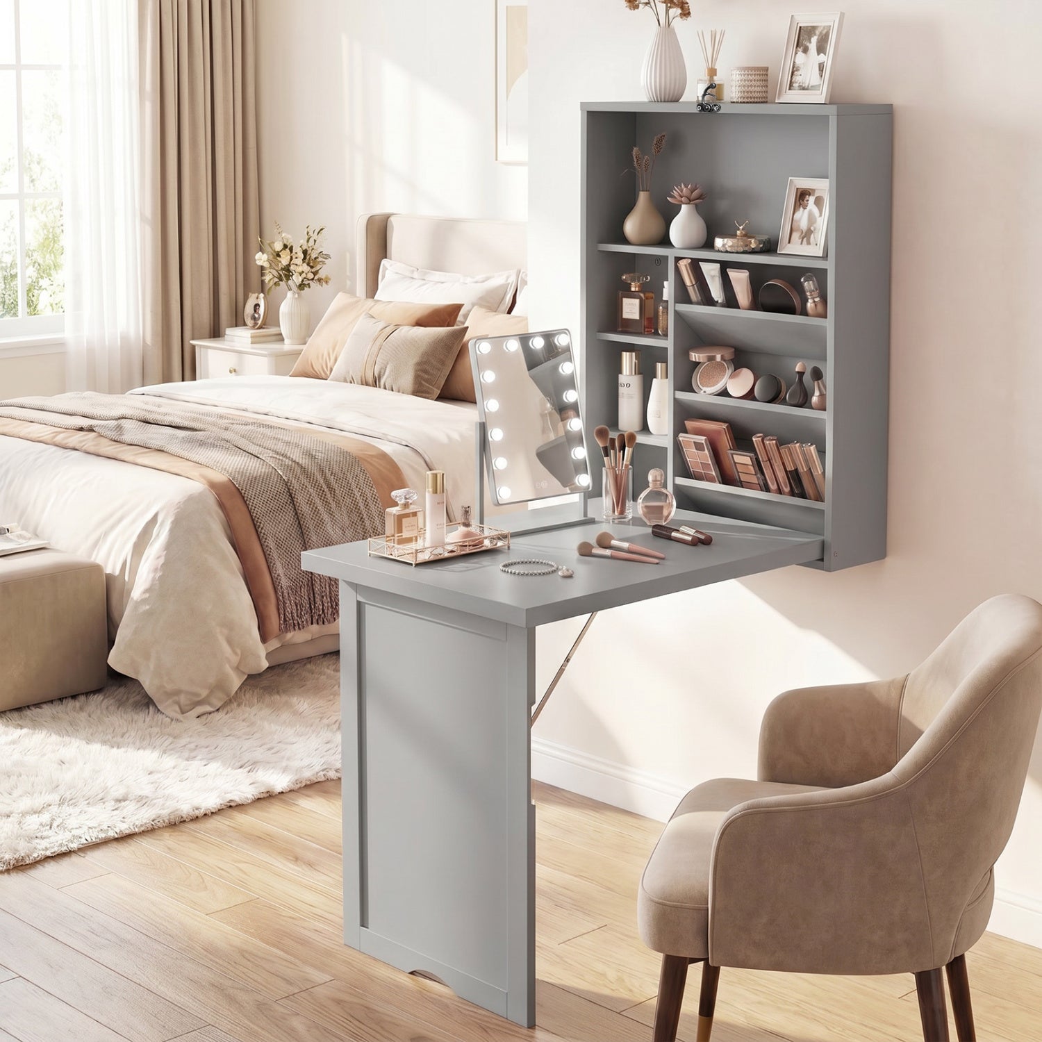 Wall-Mounted Fold-Out Convertible Floating Desk Space Saver-Gray