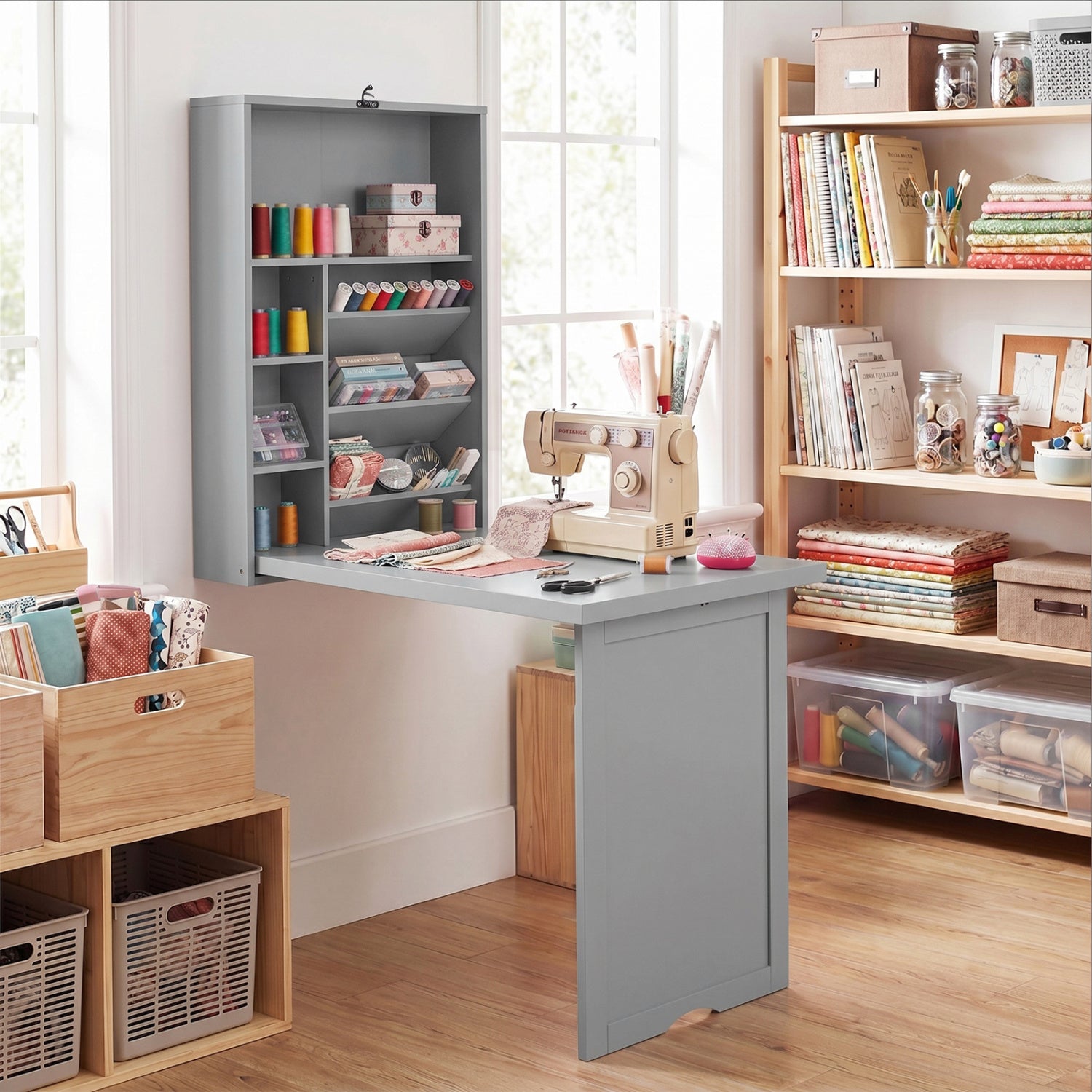 Wall-Mounted Fold-Out Convertible Floating Desk Space Saver-Gray