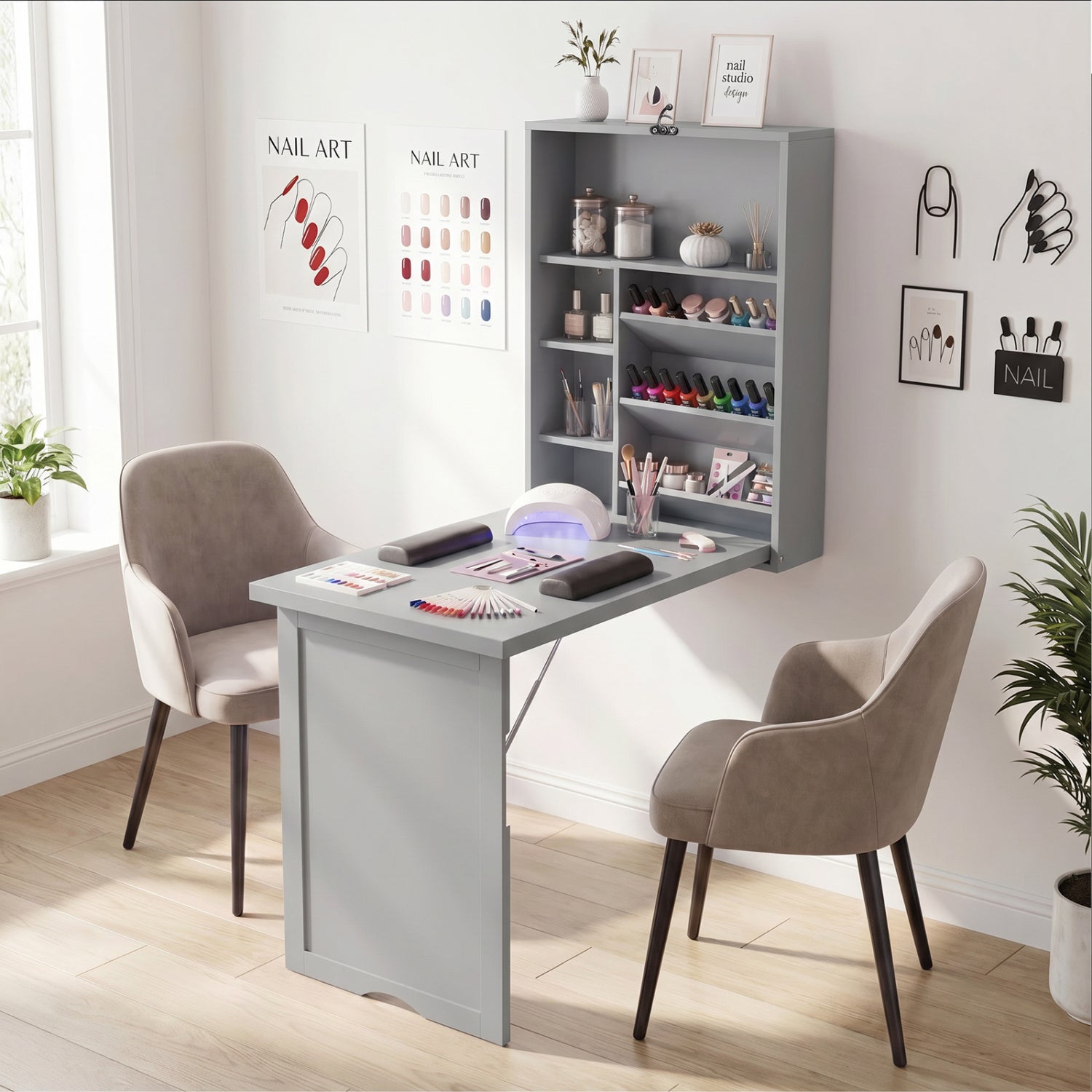 Wall-Mounted Fold-Out Convertible Floating Desk Space Saver-Gray