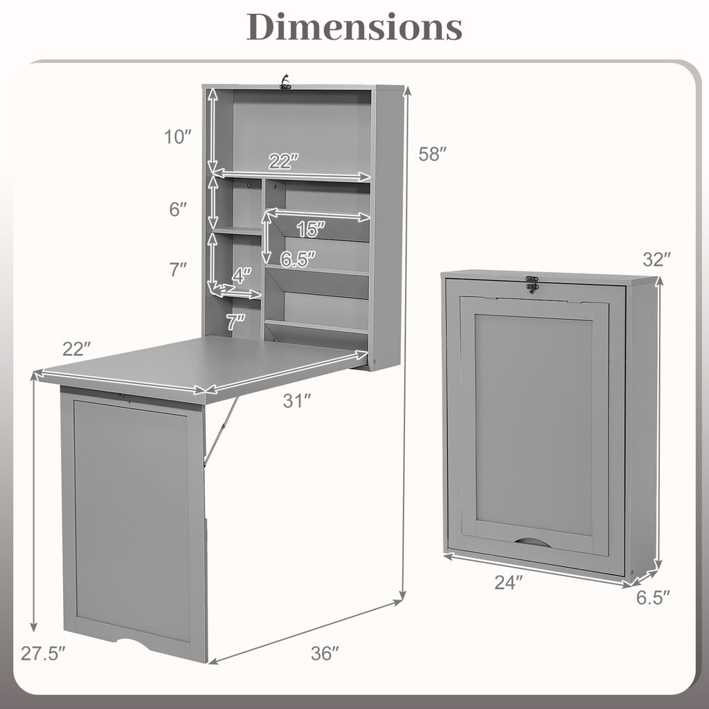 Wall-Mounted Fold-Out Convertible Floating Desk Space Saver-Gray
