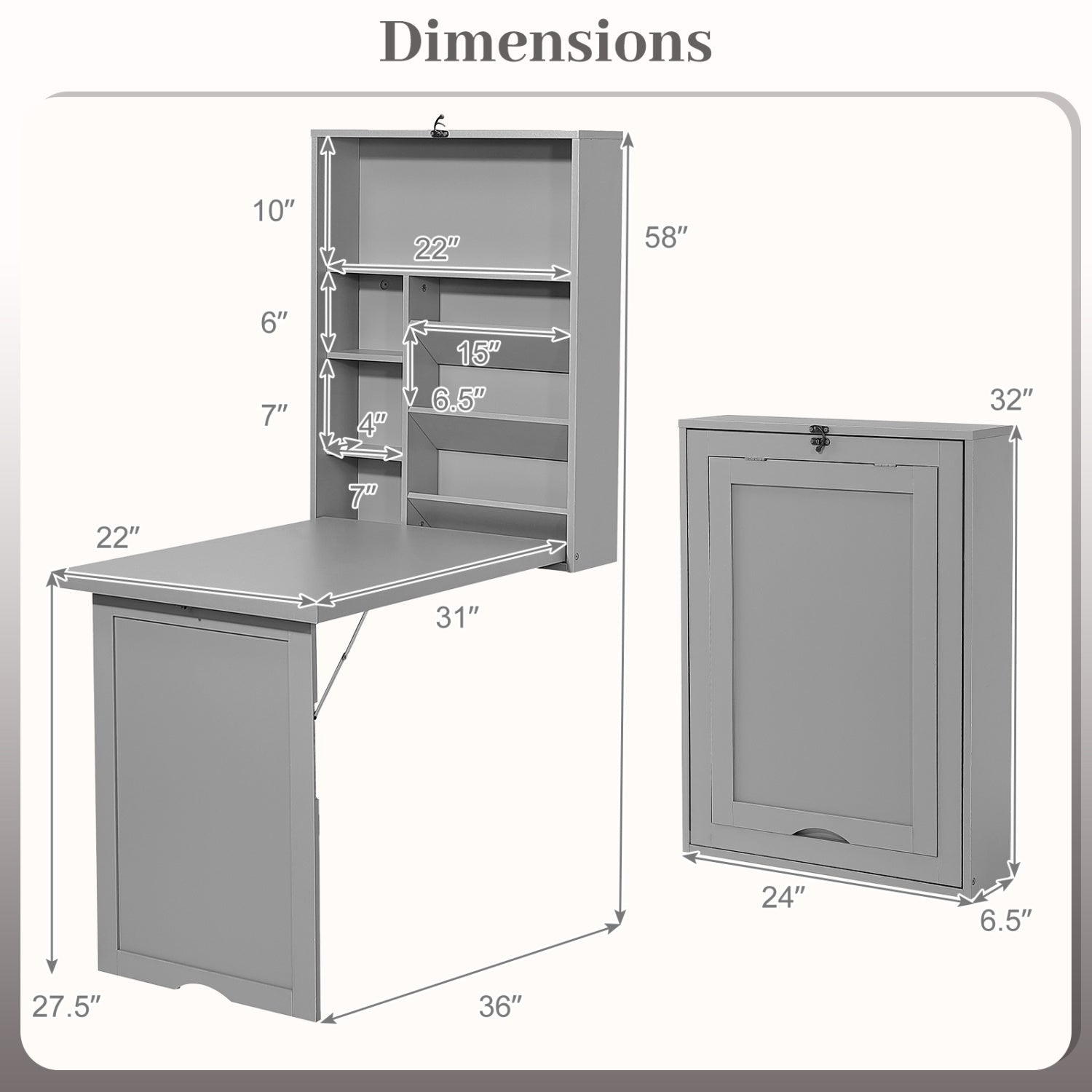 Wall-Mounted Fold-Out Convertible Floating Desk Space Saver-Gray
