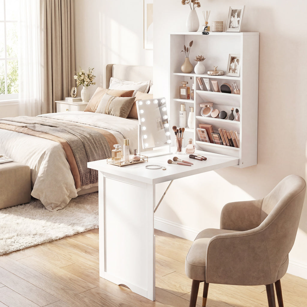 Wall Mounted Fold-Out Convertible Floating Desk Space Saver-White