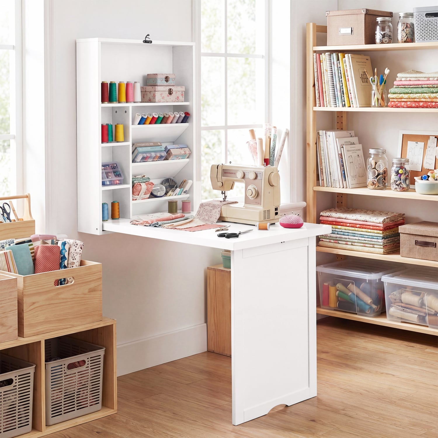 Wall Mounted Fold-Out Convertible Floating Desk Space Saver-White