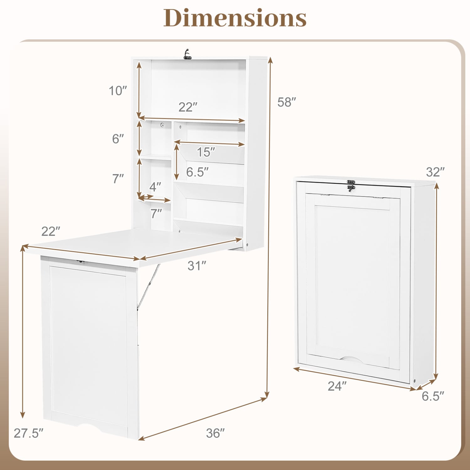 Wall Mounted Fold-Out Convertible Floating Desk Space Saver-White