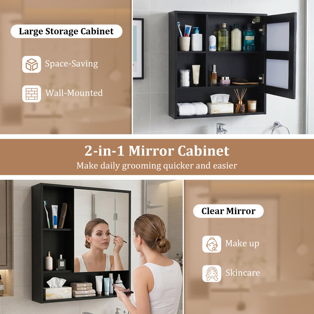 Wall-Mounted Mirror Cabinet with 2 Hidden Shelves and 3 Open Compartments-Black