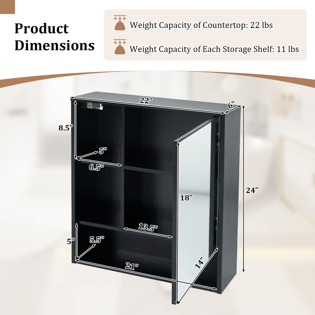 Wall-Mounted Mirror Cabinet with 2 Hidden Shelves and 3 Open Compartments-Black