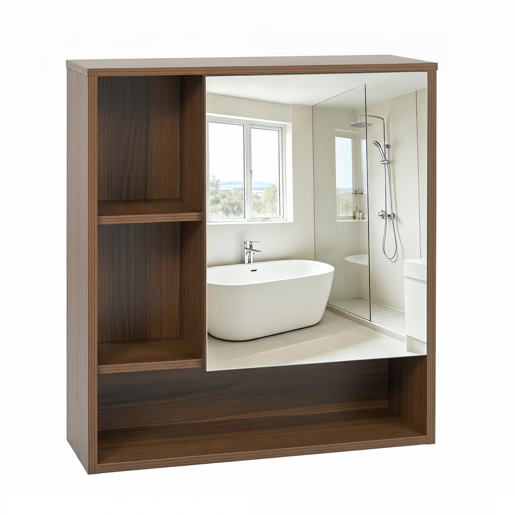 Wall-Mounted Mirror Cabinet with 2 Hidden Shelves and 3 Open Compartments-Walnut