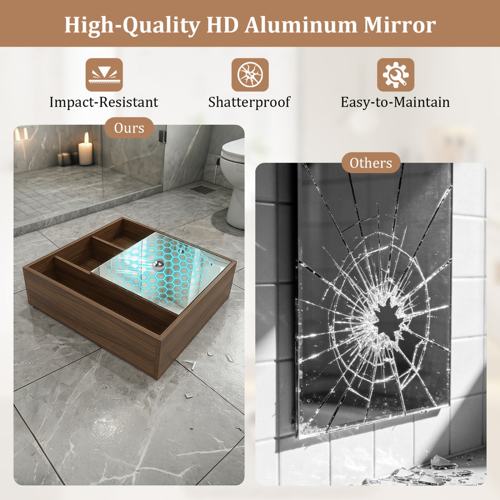 Wall-Mounted Mirror Cabinet with 2 Hidden Shelves and 3 Open Compartments-Walnut