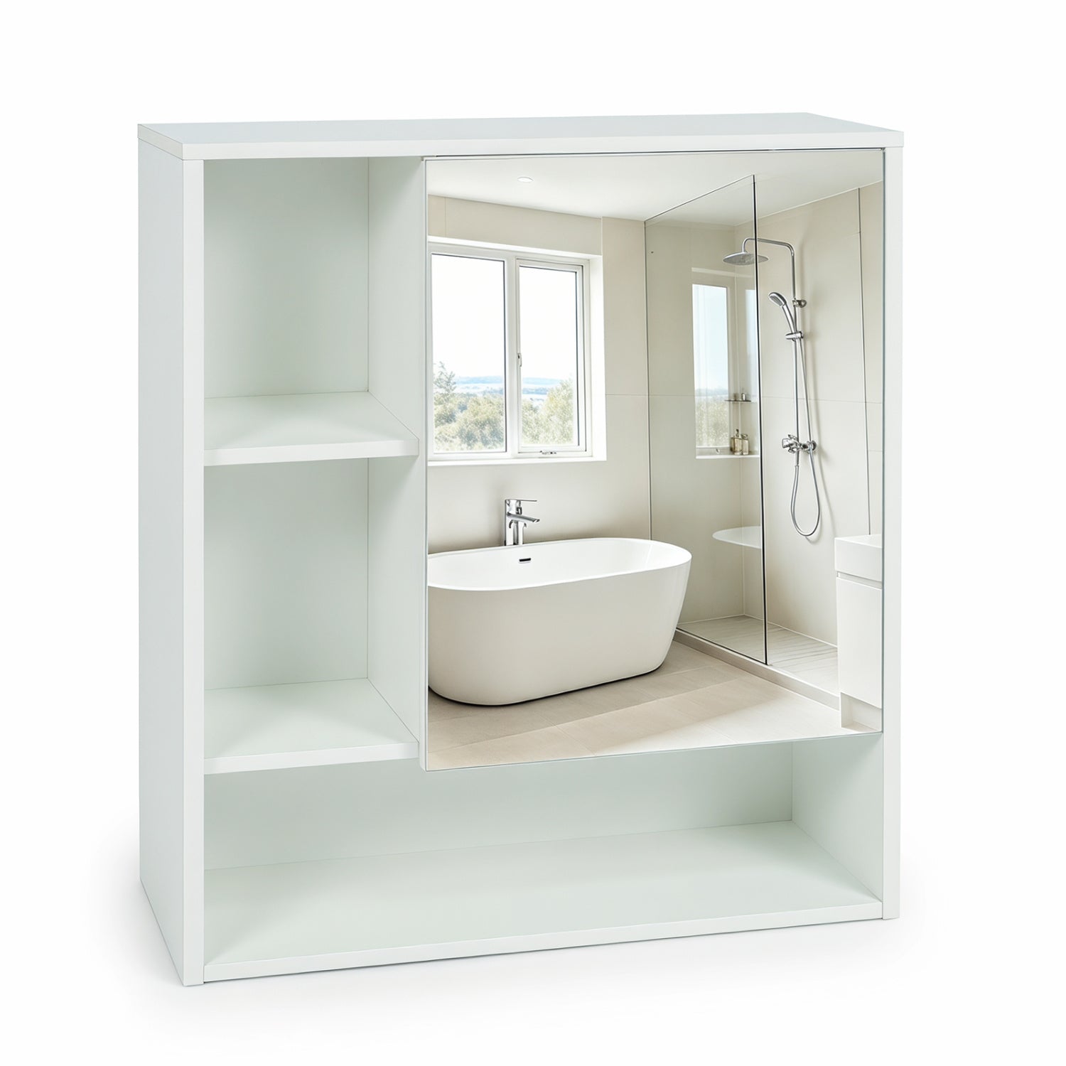 Wall-Mounted Mirror Cabinet with 2 Hidden Shelves and 3 Open Compartments-White