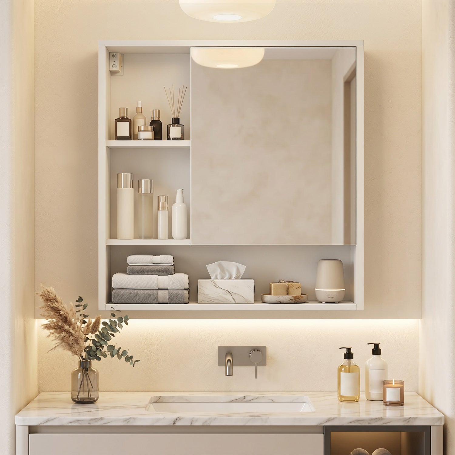 Wall-Mounted Mirror Cabinet with 2 Hidden Shelves and 3 Open Compartments-White