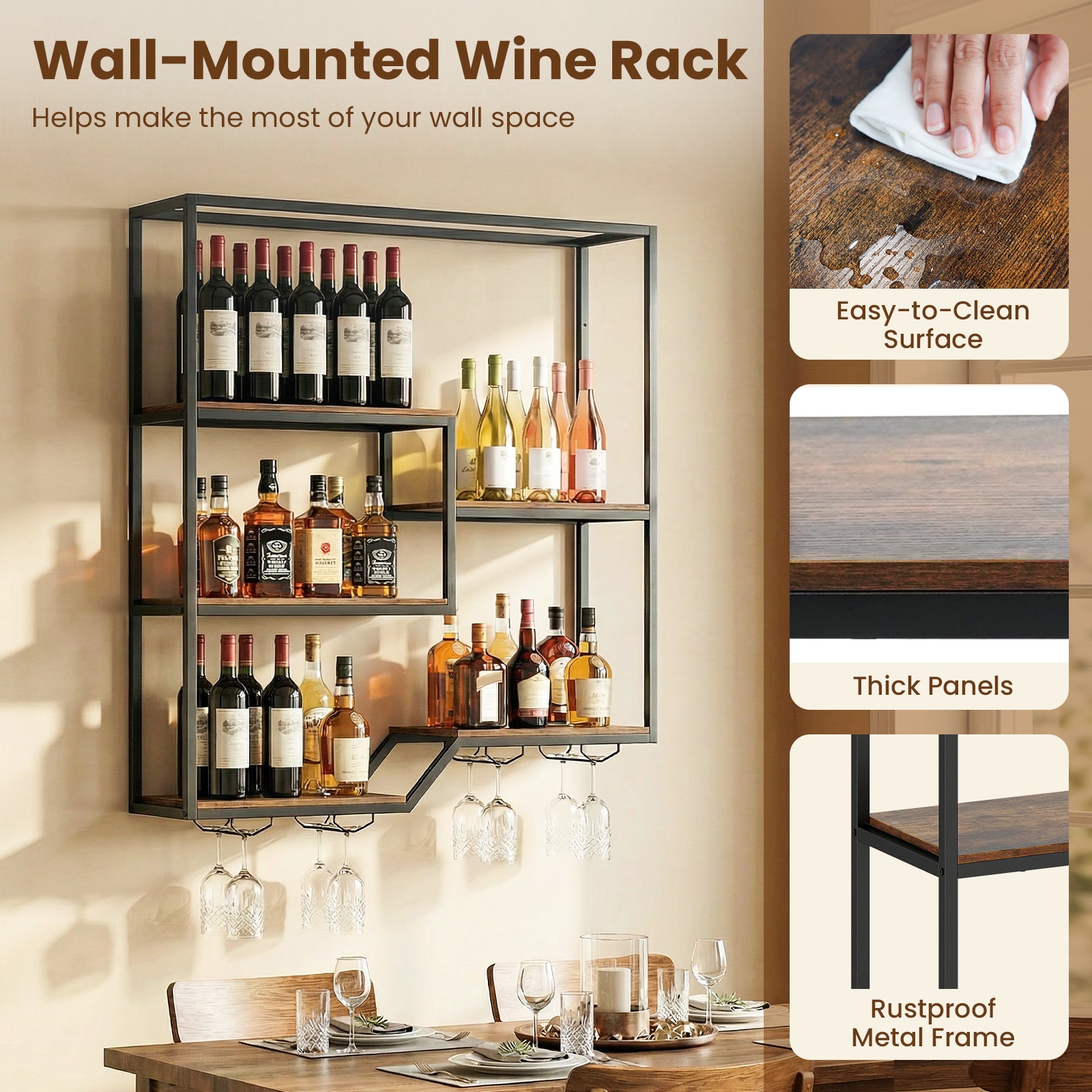 Wall Mounted Wine Rack 6-Tier Hanging Bar Shelf with Bottle Display Shelf and Glass Holder-Rustic Brown