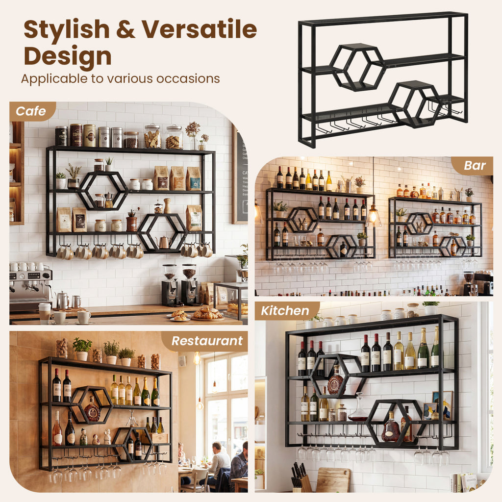 Wall Mounted Wine Rack 47" Large Floating Bar Shelves-Black