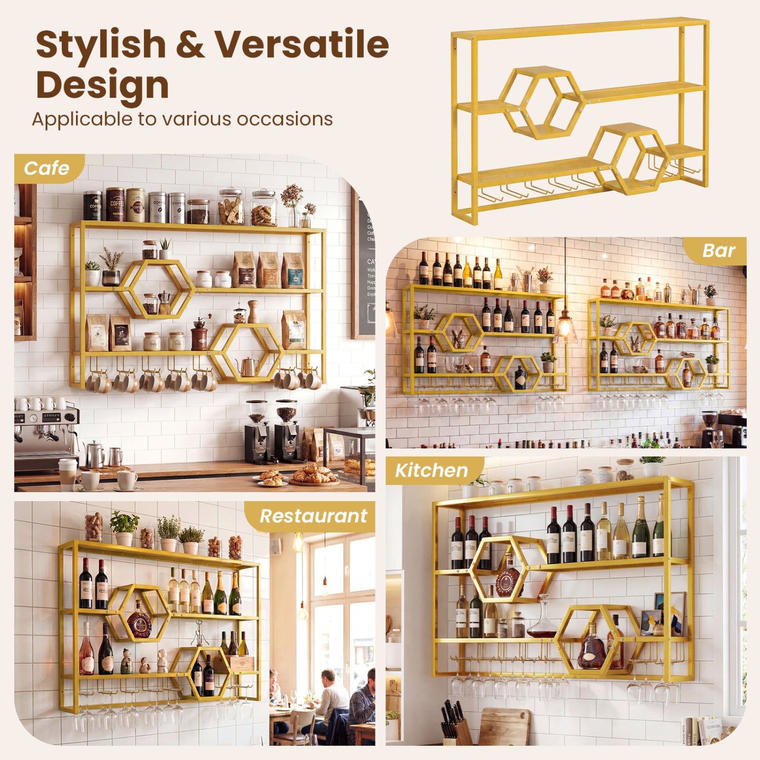 Wall Mounted Wine Rack 47" Large Floating Bar Shelves-Gold