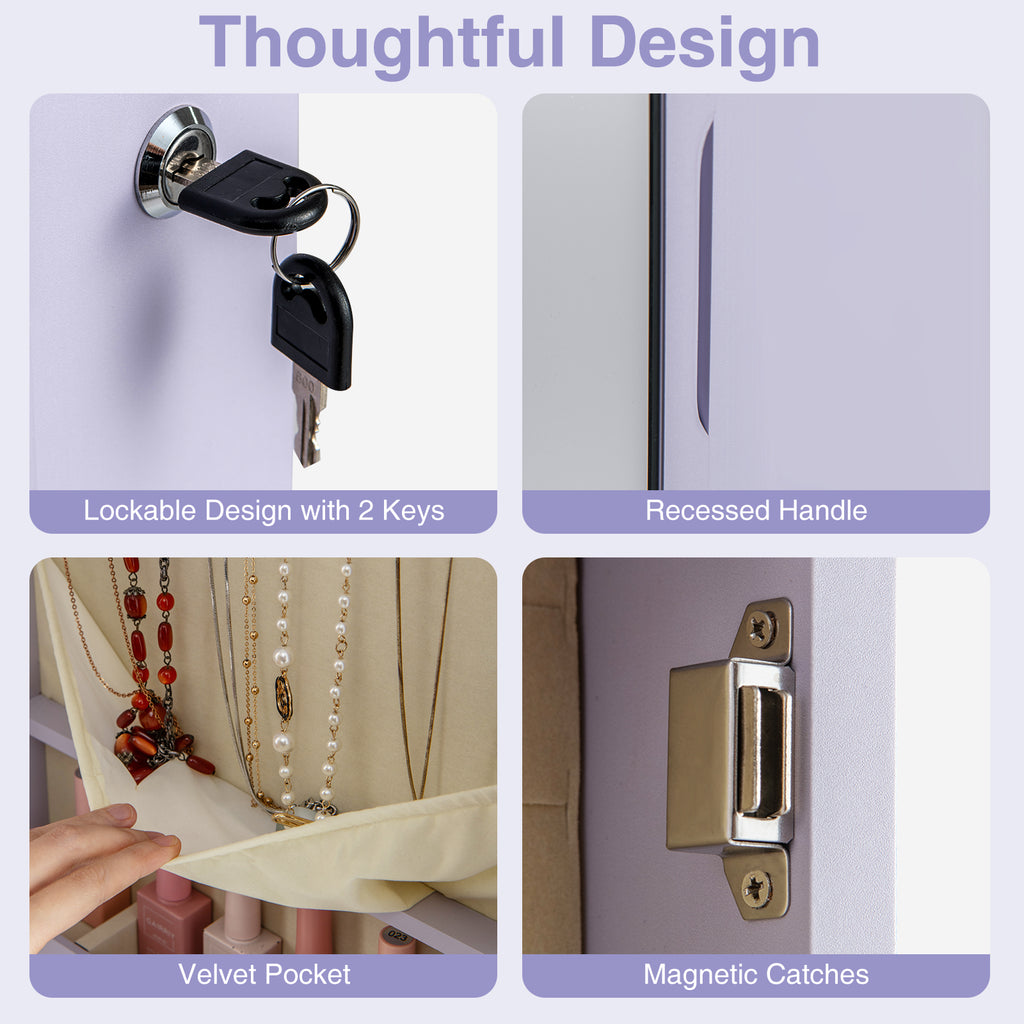 Wall and Door Mounted Mirrored Jewelry Cabinet with Lights-Purple