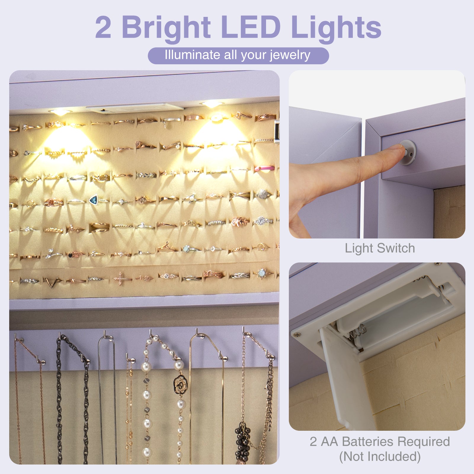 Wall and Door Mounted Mirrored Jewelry Cabinet with Lights-Purple