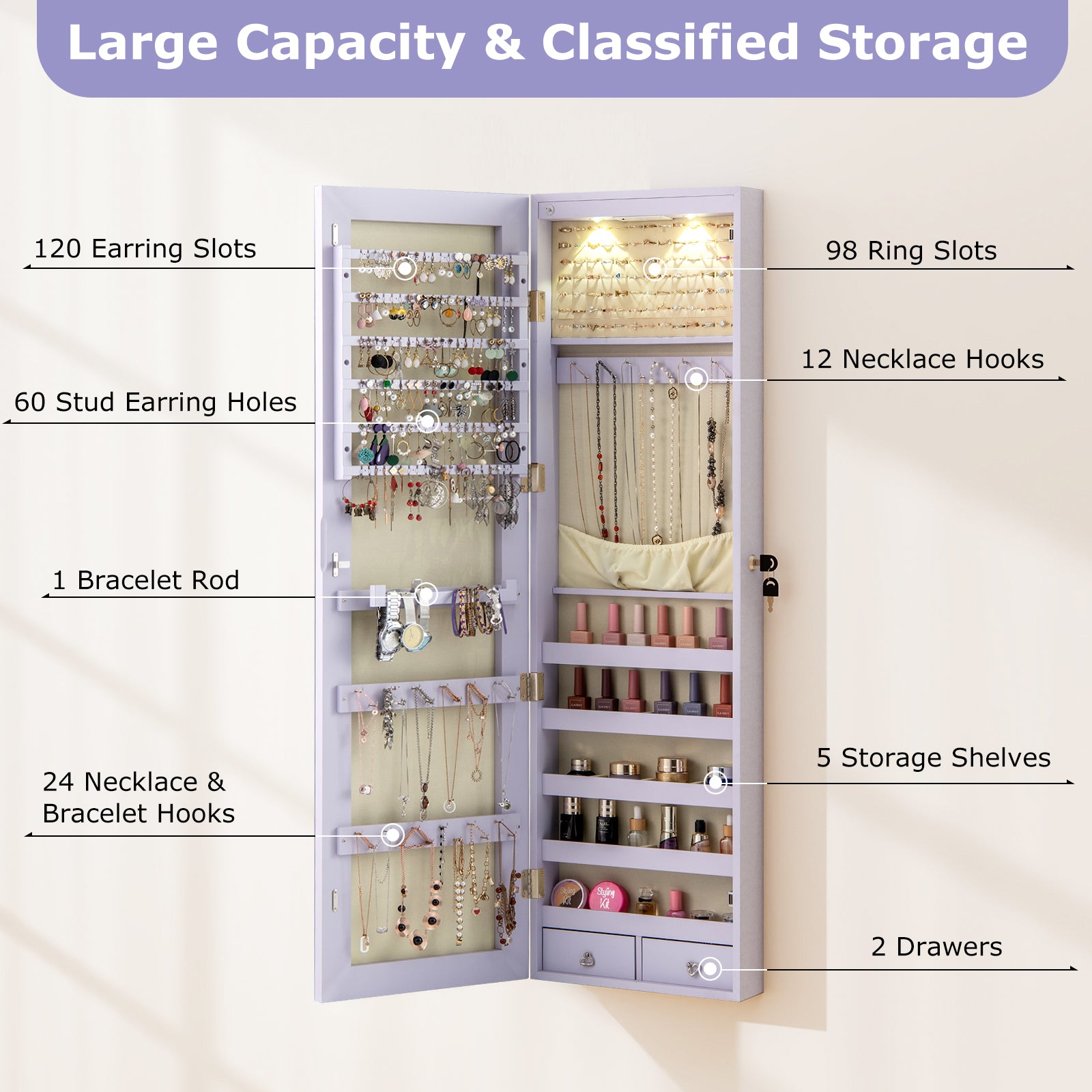 Wall and Door Mounted Mirrored Jewelry Cabinet with Lights-Purple