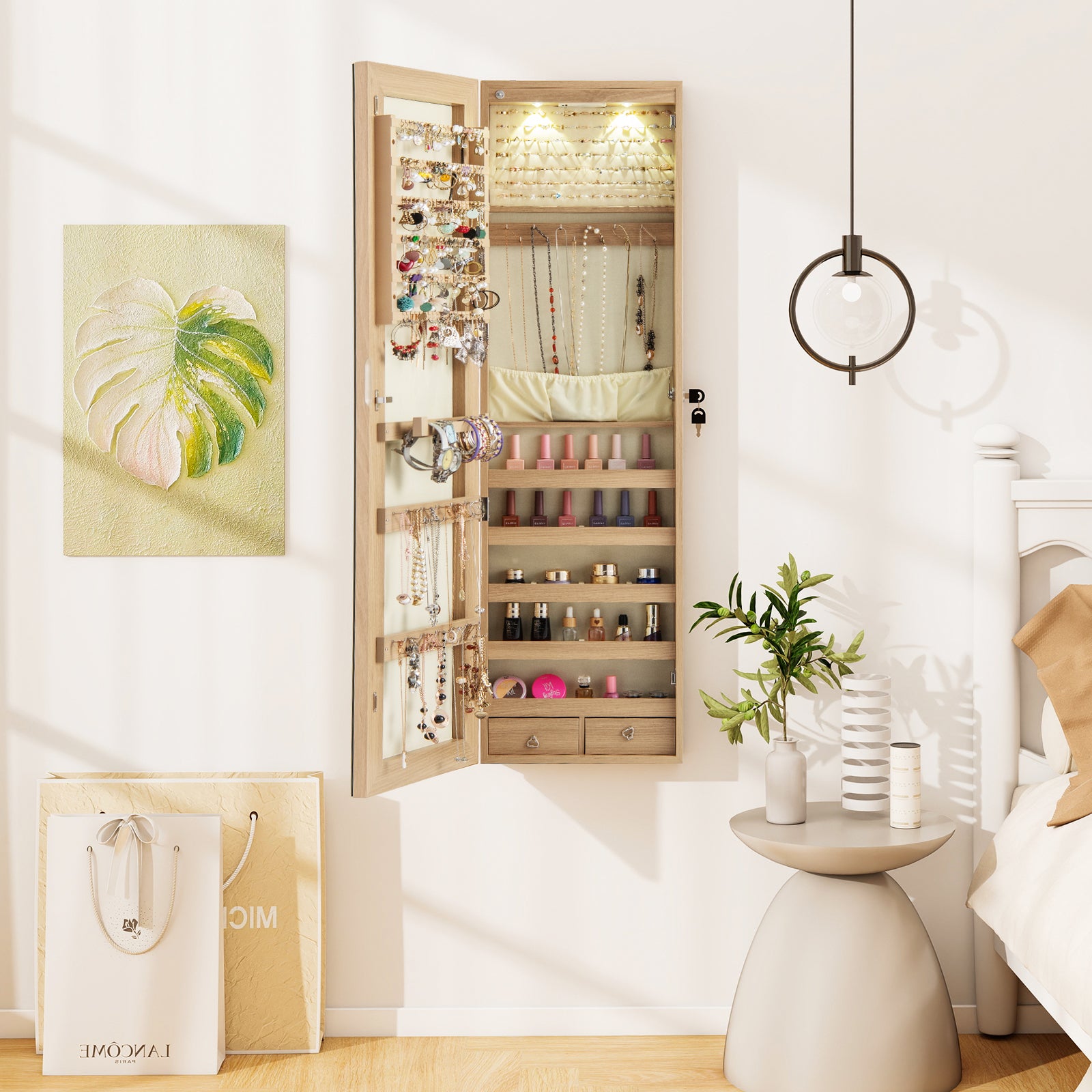 Wall and Door Mounted Mirrored Jewelry Cabinet with Lights-Natural
