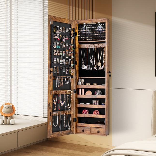 Wall and Door Mounted Mirrored Jewelry Cabinet with Lights-Rustic Brown