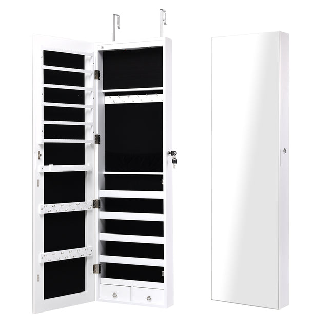 Wall and Door Mounted Mirrored Jewelry Cabinet With Lights-White