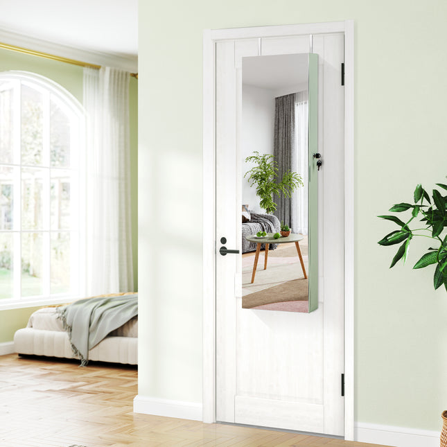 Wall and Door Mounted Mirrored Jewelry Cabinet with Lights-Green