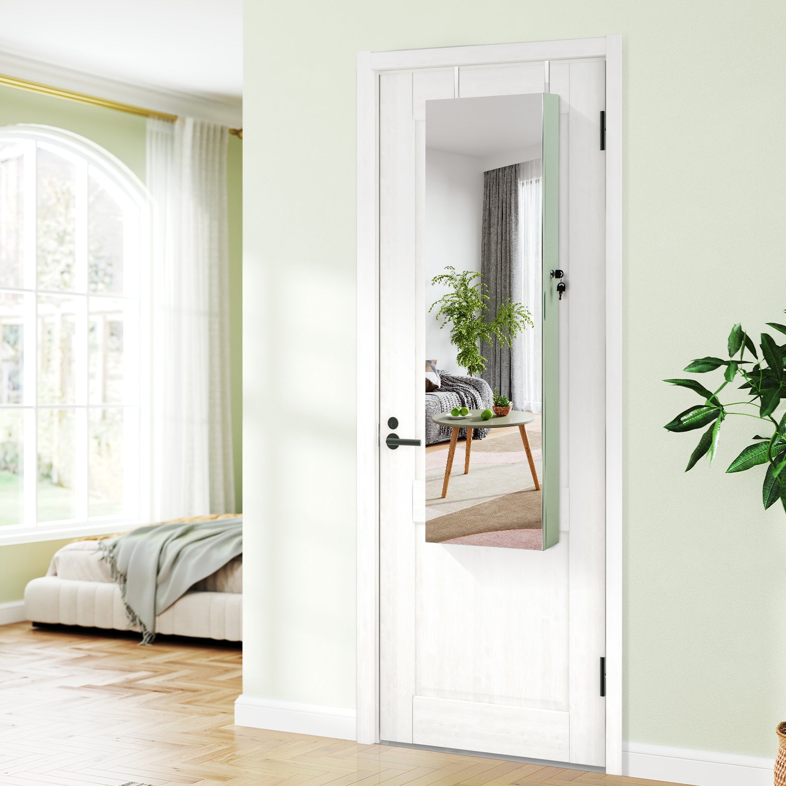 Wall and Door Mounted Mirrored Jewelry Cabinet with Lights-Green