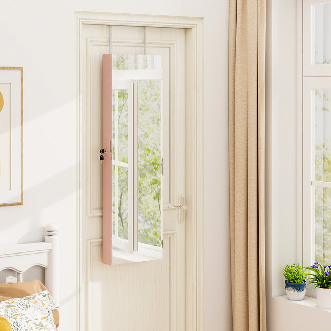 Wall and Door Mounted Mirrored Jewelry Cabinet with Lights-Pink