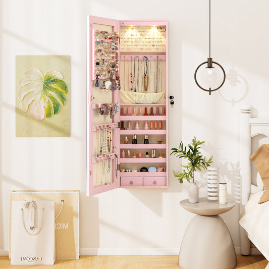 Wall and Door Mounted Mirrored Jewelry Cabinet with Lights-Pink