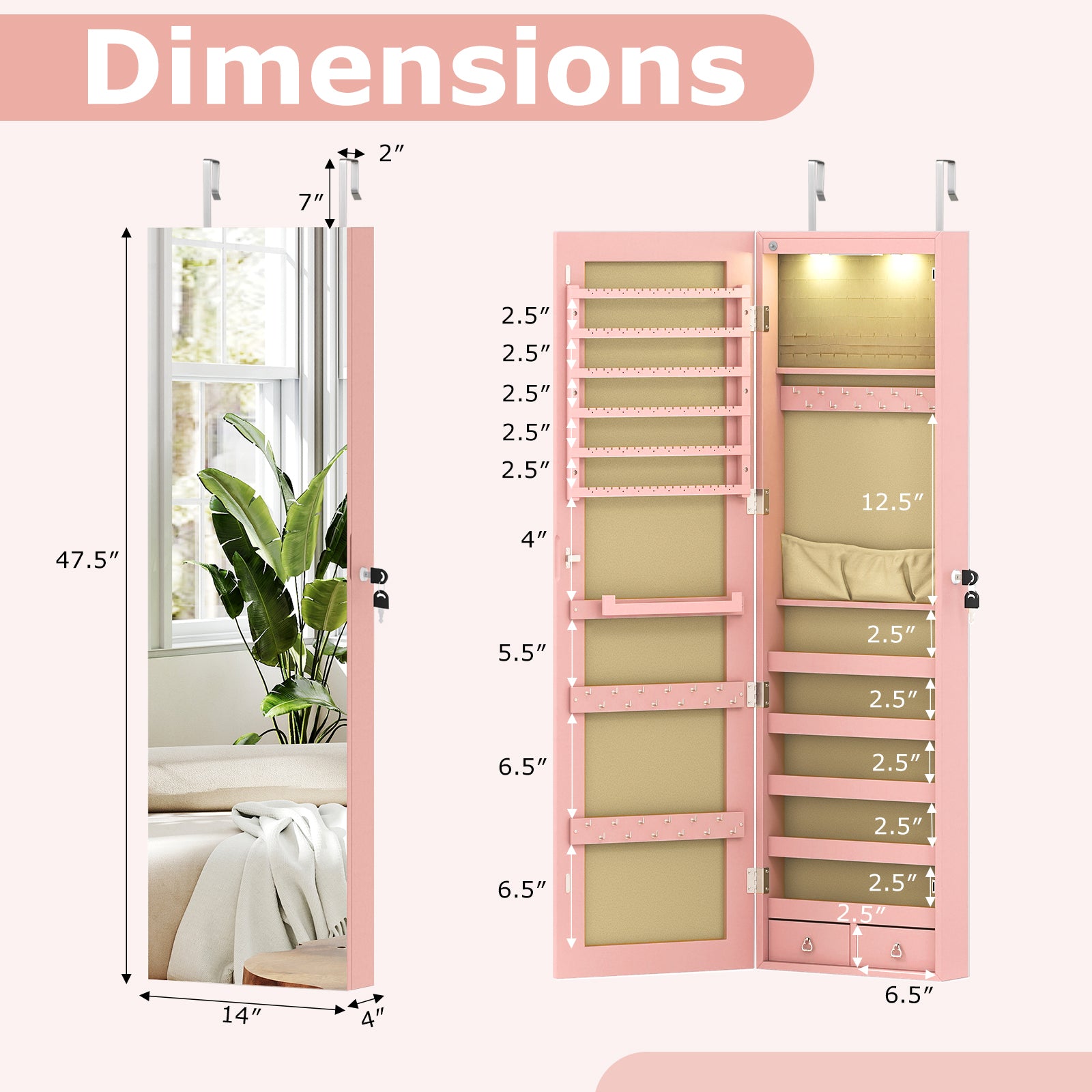 Wall and Door Mounted Mirrored Jewelry Cabinet with Lights-Pink