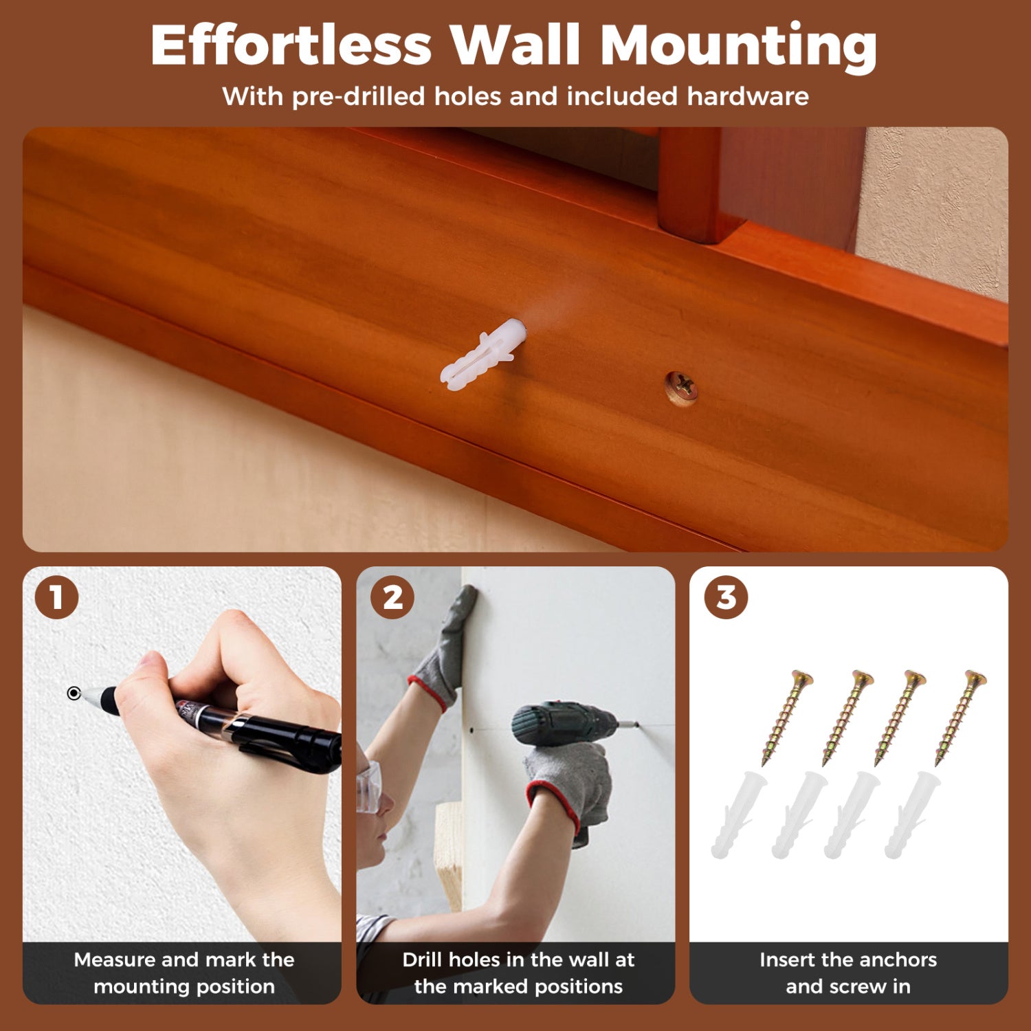 Wall-mounted Billiards Pool Cue Rack Only-Brown