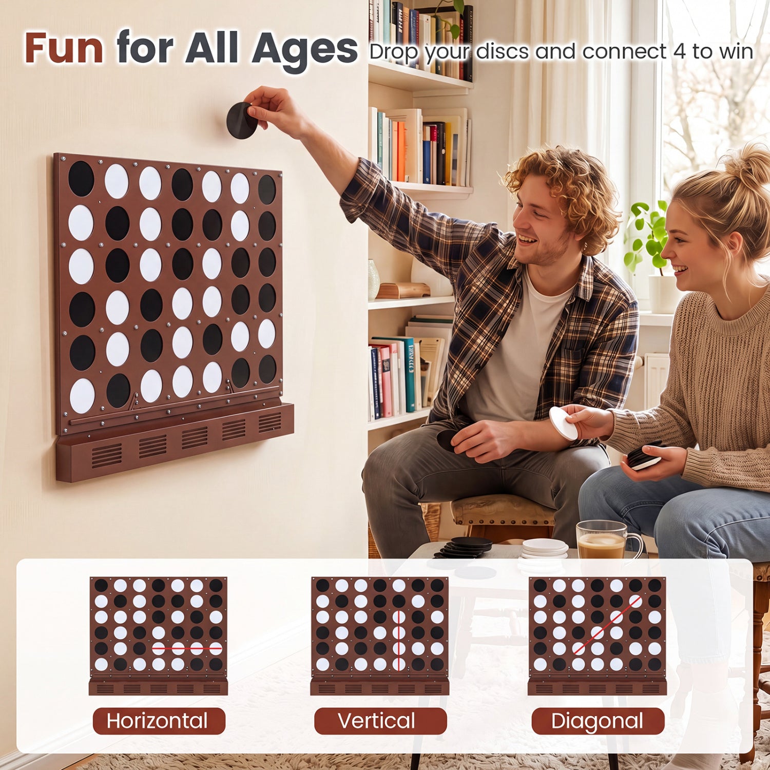 Wall-mounted Metal Connect-4 Game with Acrylic Discs-Walnut