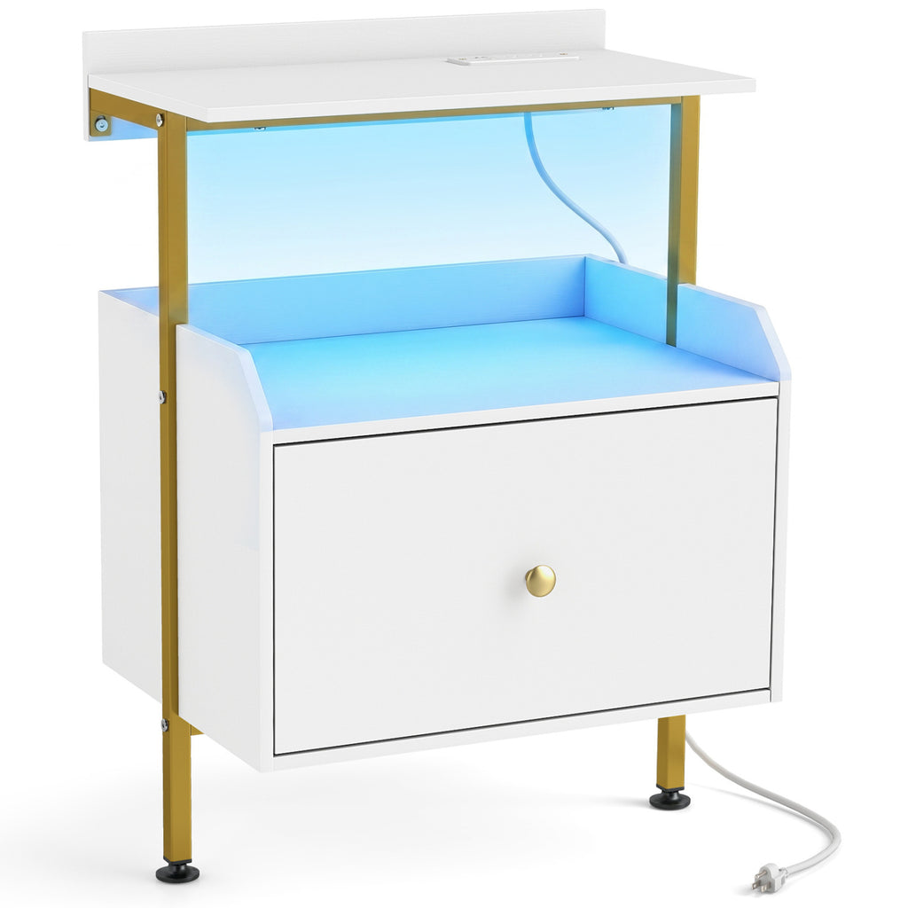 Wall-mounted Nightstand with LED Lights and Charging Station for Bedroom-White