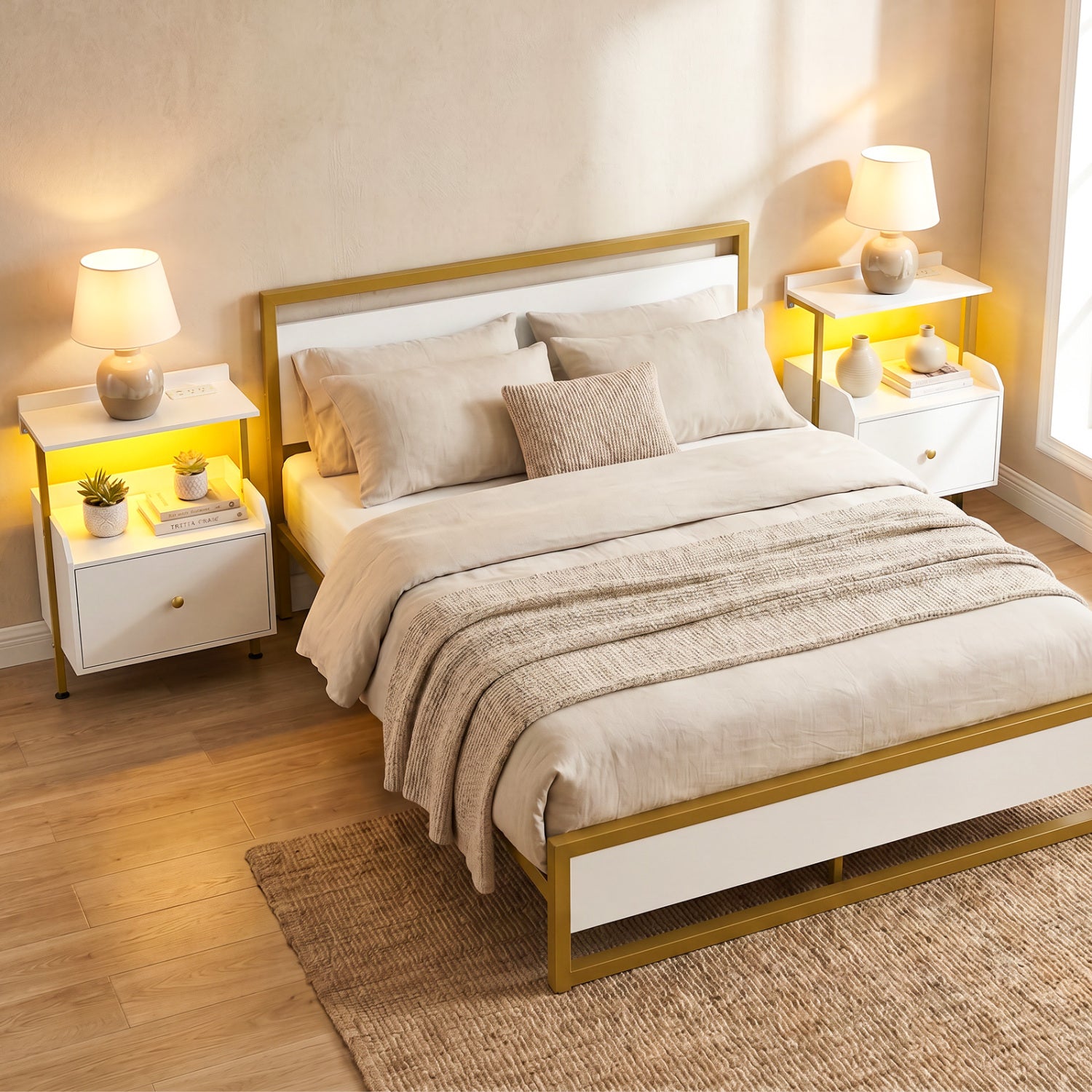 Wall-mounted Nightstand with LED Lights and Charging Station for Bedroom-White