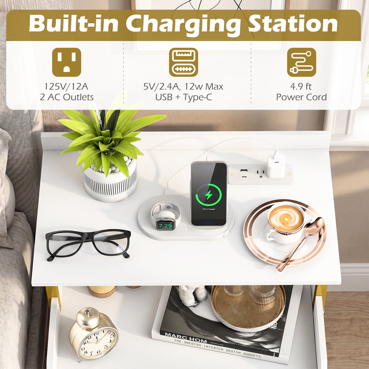 Wall-mounted Nightstand with LED Lights and Charging Station for Bedroom-White