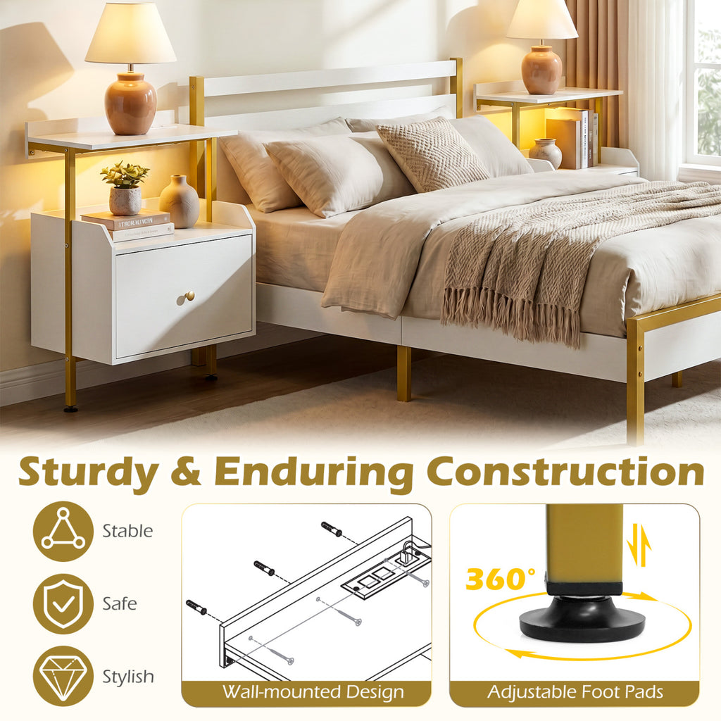 Wall-mounted Nightstand with LED Lights and Charging Station for Bedroom-White