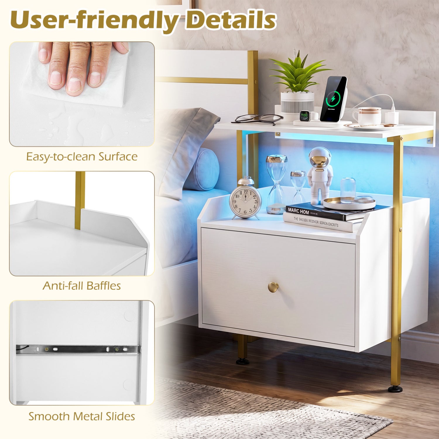 Wall-mounted Nightstand with LED Lights and Charging Station for Bedroom-White