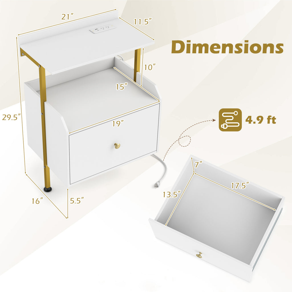 Wall-mounted Nightstand with LED Lights and Charging Station for Bedroom-White