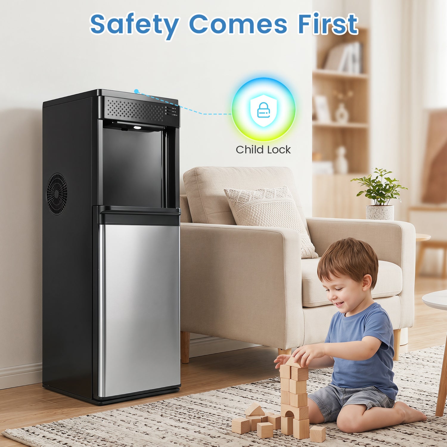 Water Dispenser with Ice Maker 3 in 1 Bottom Loading Water Cooler for 5 Gallon Bottle-Black