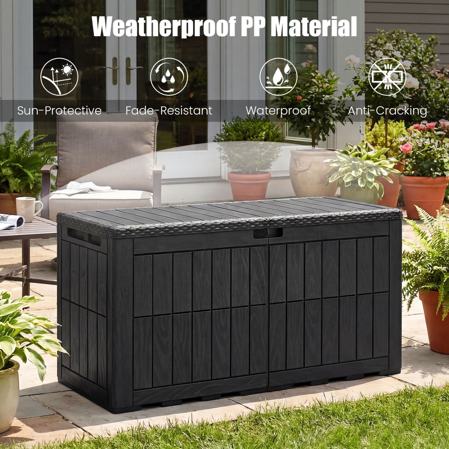 Coffre de rangement extérieur étanche et verrouillable pour outils, coussins de piscine – Noir