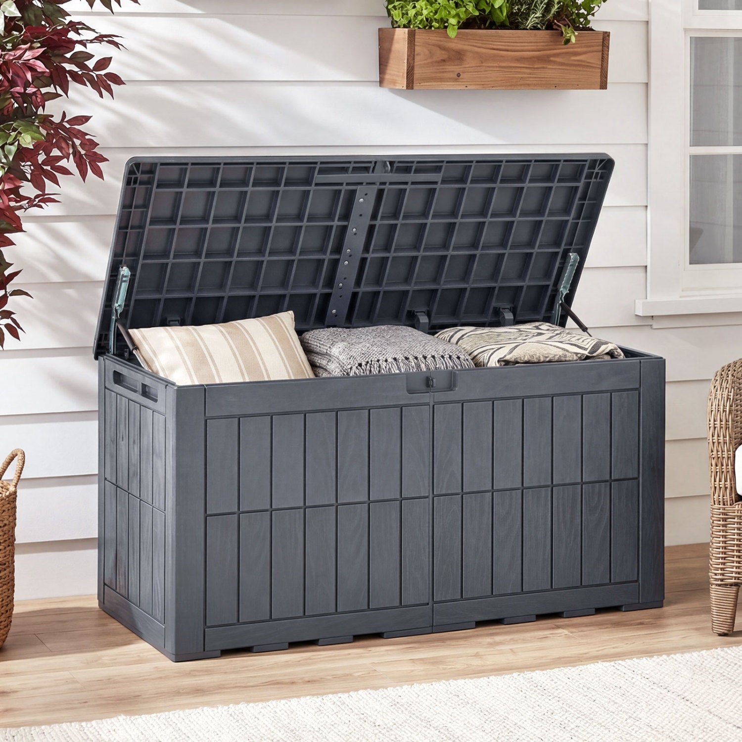 Coffre de rangement extérieur étanche et verrouillable pour outils, coussins et équipements de piscine - Gris