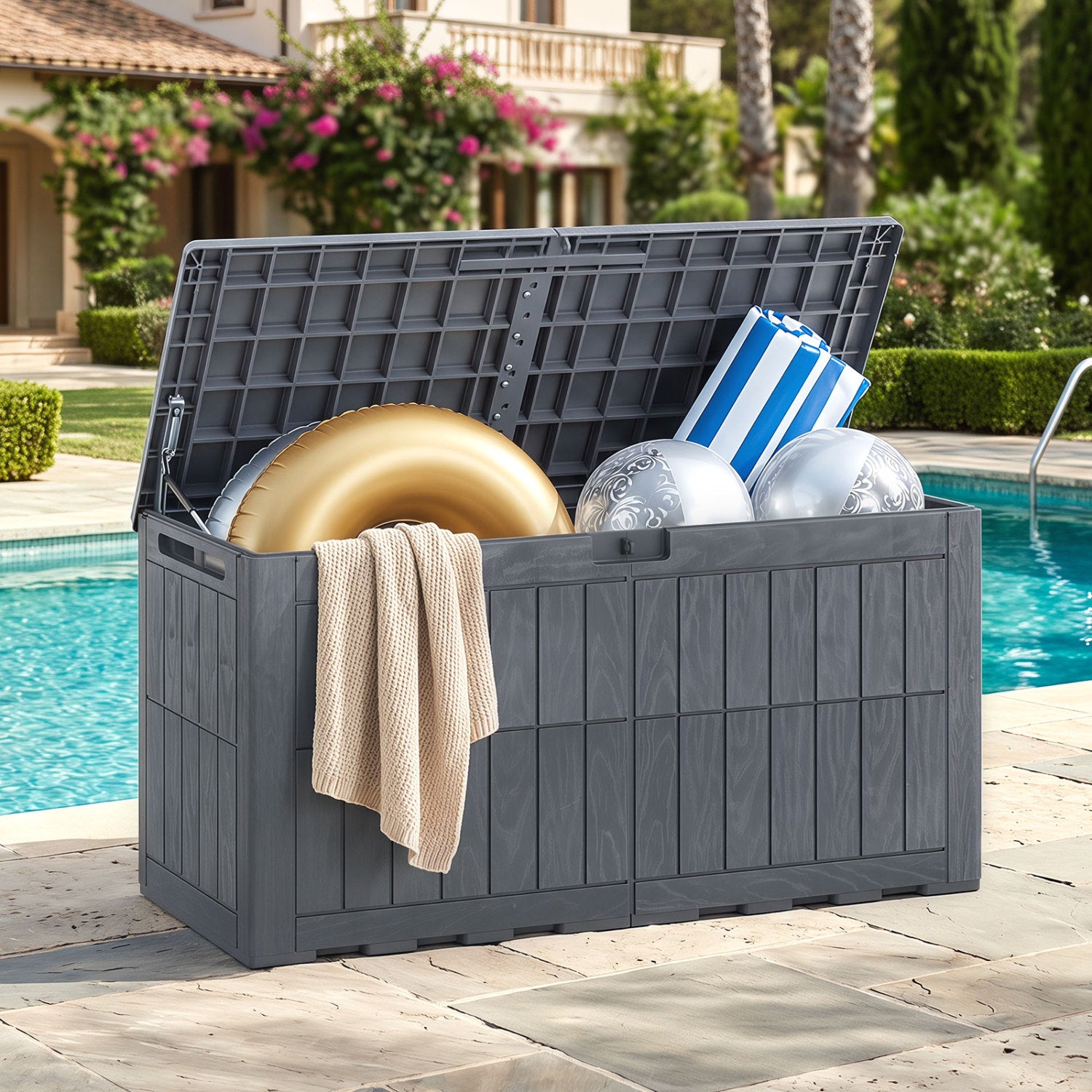 Coffre de rangement extérieur étanche et verrouillable pour outils, coussins et équipements de piscine - Gris
