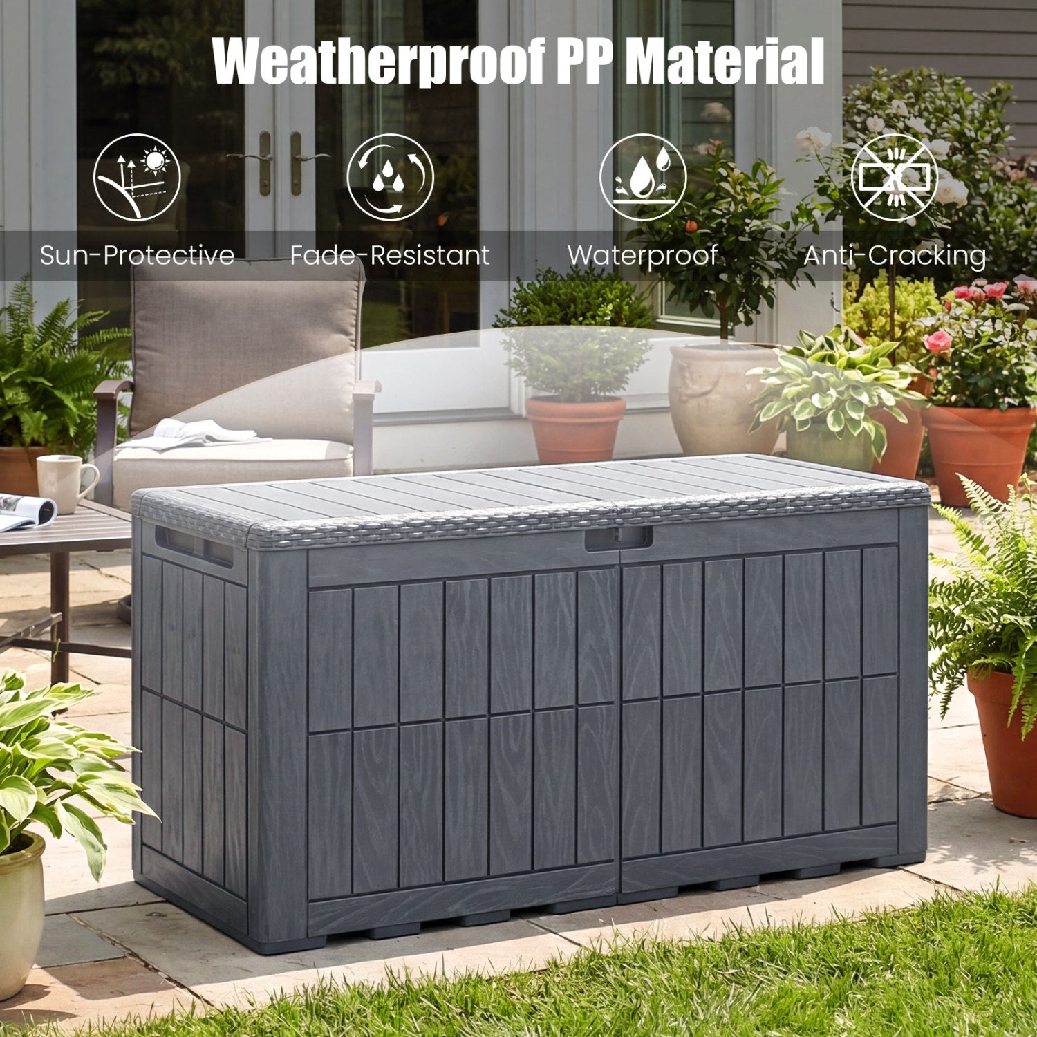 Coffre de rangement extérieur étanche et verrouillable pour outils, coussins et équipements de piscine - Gris